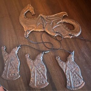 Vintage brass Dragon and Wizard Wall Hanging Set/wind chimes!